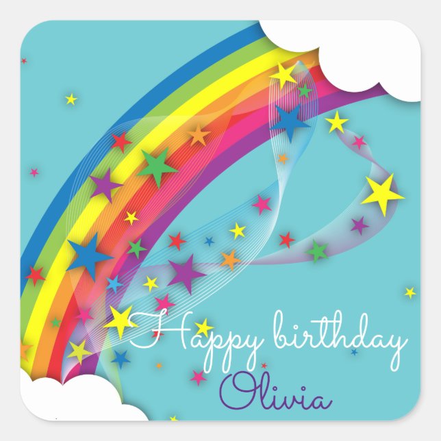 Cute Pretty Girly Rainbow Stars Sky and Clouds  Square Sticker (Front)