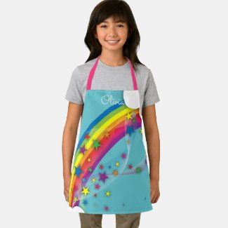 Cute Pretty Girly Rainbow Stars Sky Clouds & Name Apron