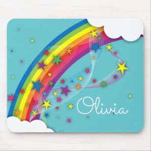 Cute Pretty Girly Rainbow Stars Sky Clouds & Name Mouse Pad