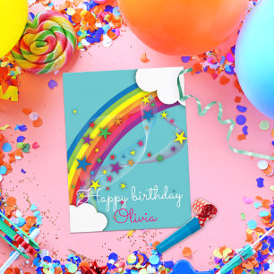 Cute Pretty Girly Rainbow Stars Sky Clouds & Name Postcard