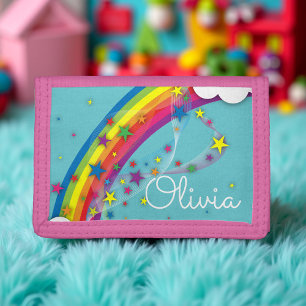 Cute Pretty Girly Rainbow Stars Sky Clouds & Name Tri-fold Wallet