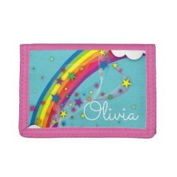 Cute Pretty Girly Rainbow Stars Sky Clouds &amp; Name  Trifold Wallet