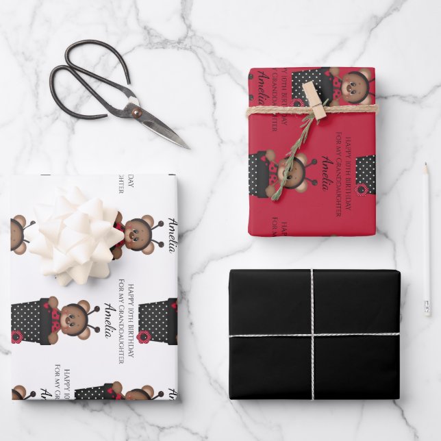 Cute Pretty Granddaughter Ladybug Kids Birthday Wrapping Paper Sheets (Front)