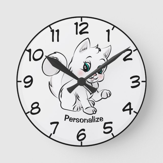 Cute & Pretty Kitten Cartoon Drawing Personalize Round Clock (Front)