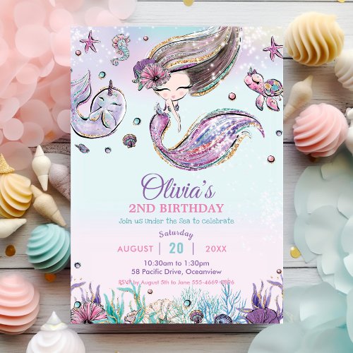 Cute Pretty Mermaid Under the Sea Purple Birthday Invitation