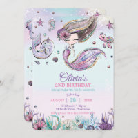 Cute Pretty Mermaid Under the Sea Purple Birthday Invitation