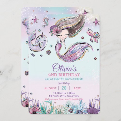 Cute Pretty Mermaid Under the Sea Purple Birthday Invitation