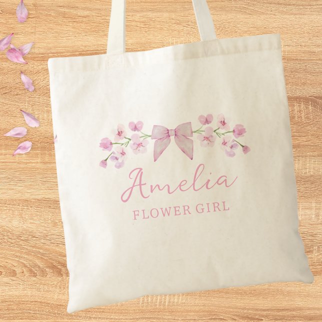 Cute Pretty Pink Blush Floral Bow Flower Girl  Tote Bag (Creator Uploaded)
