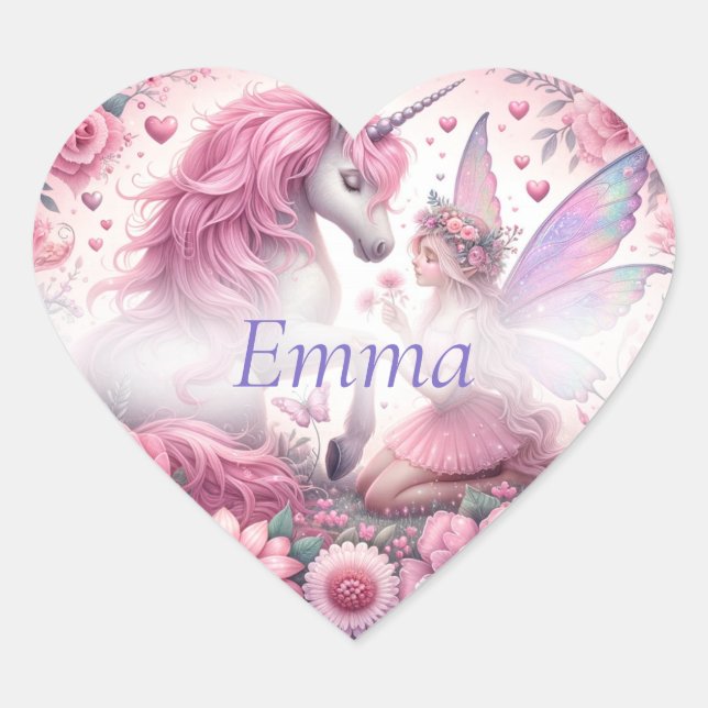 Cute Pretty Pink Fairy and Unicorn Heart Sticker (Front)