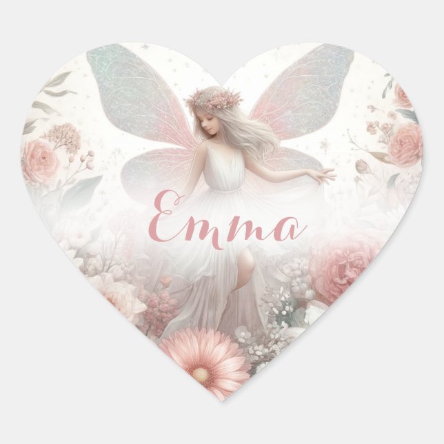 Cute Pretty Pink Fairy with Hearts Heart Sticker (Front)