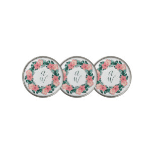 Cute Pretty Pink Floral Hibiscus Monogrammed Golf Ball Marker