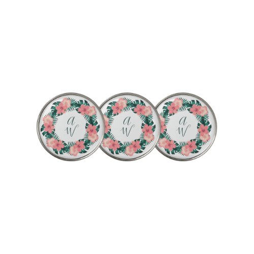 Cute Pretty Pink Floral Hibiscus Monogrammed Golf Ball Marker