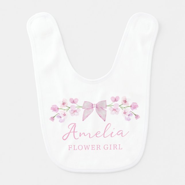 Cute Pretty Pink Girly Floral Bow Flower Girl  Baby Bib (Front)