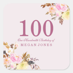 Cute Pretty Pink Peach Flower 100th Birthday Party Square Sticker