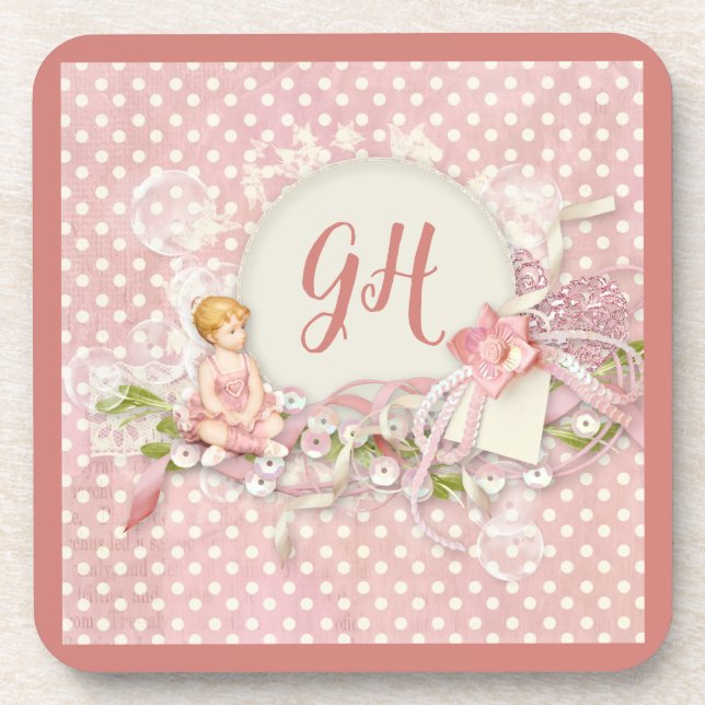 Cute & Pretty Pink Polka Dots Girly Monogrammed Beverage Coaster (Front)