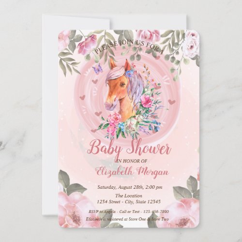 Cute Pretty Pony Floral Baby Shower  Invitation
