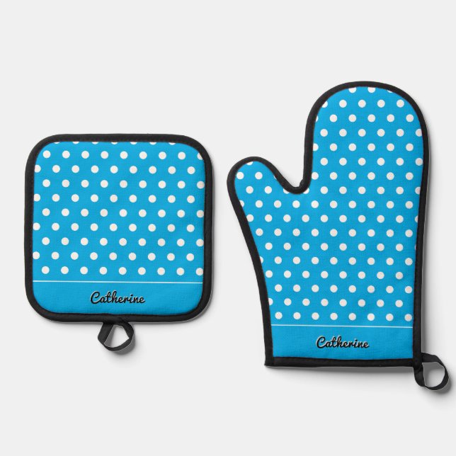 Cute Pretty Retro Polka Dots Vibrant Blue Custom Oven Mitt & Pot Holder Set (Front)