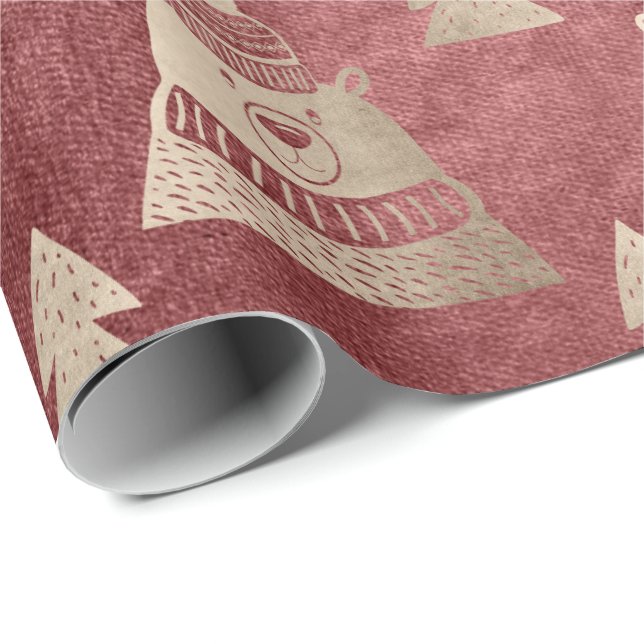 Cute pretty rose gold Christmas tree bear pattern Wrapping Paper (Roll Corner)