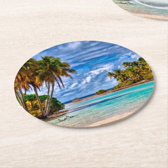 Cute Pretty Summer Hawaiian Beach Watercolor Round Paper Coaster (Angled)