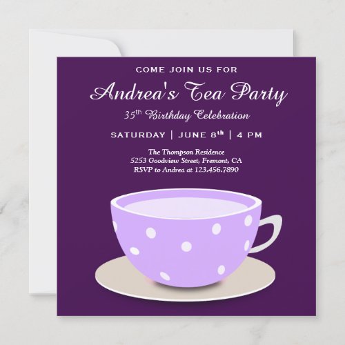 Cute Pretty Tea Cup  Purple Birthday Tea Party Invitation