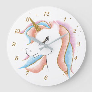 Cute Pretty Unicorn Pastel Gold Glitter Large Clock