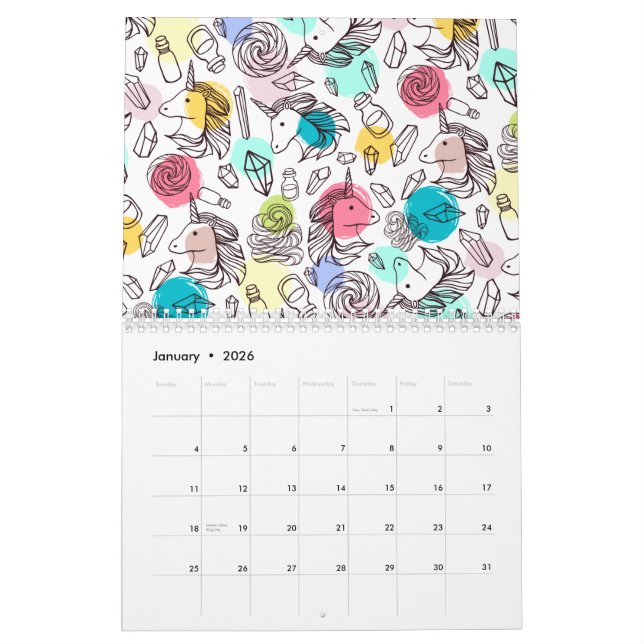 Cute Pretty Unicorn Pattern Calendar (Jan 2026)