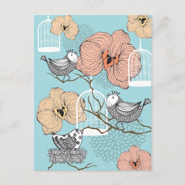 Cute Pretty Vintage Floral Birds & Birdcages Postcard (Front)
