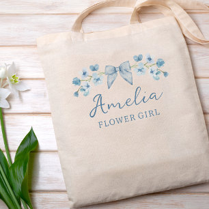 Cute Pretty Watercolor Blue Floral Bow Flower Girl Tote Bag