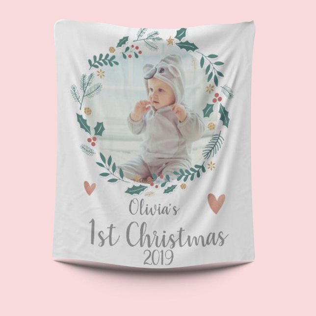 Cute | Pretty Wreath | Baby First Christmas Photo Fleece Blanket (Creator Uploaded)
