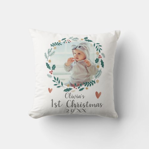 Cute Pretty Wreath Baby First Christmas Photo Throw Pillow