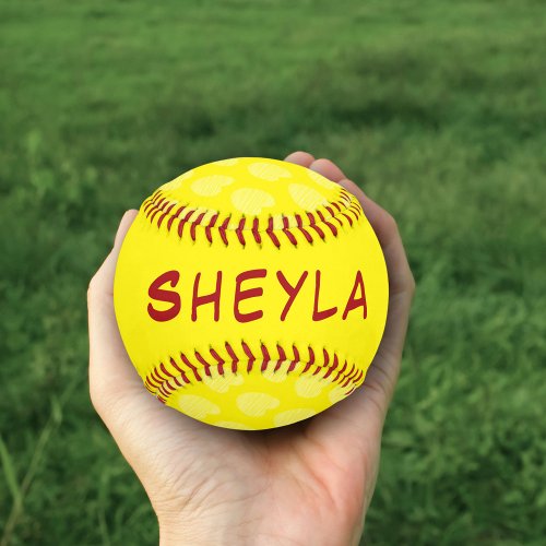 Cute Pretty Yellow Heart Pattern Name Softball