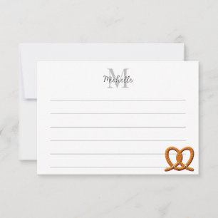 Cute Pretzel Drawing Lined Monogram Personalized Note Card