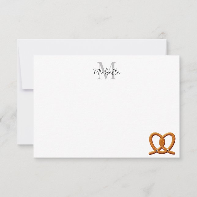 Cute Pretzel Drawing  Monogram Personalized Note Card (Front)