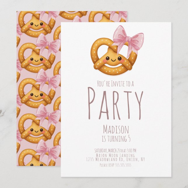 Cute Pretzel Girl Birthday Party Invitation (Front/Back)