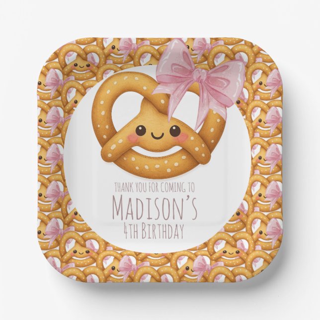 Cute Pretzel Girl Birthday Party Paper Plates (Front)
