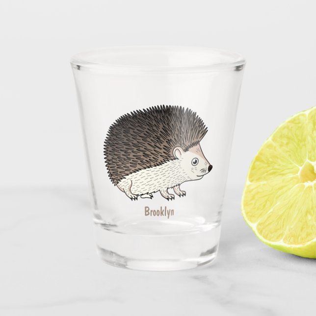 Cute prickly hedgehog cartoon illustration  shot glass (Front)