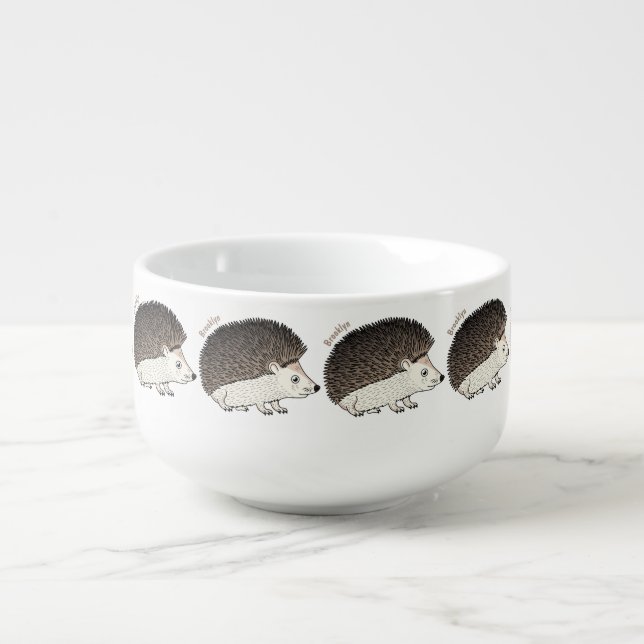 Cute prickly hedgehog cartoon illustration soup mug (Front)