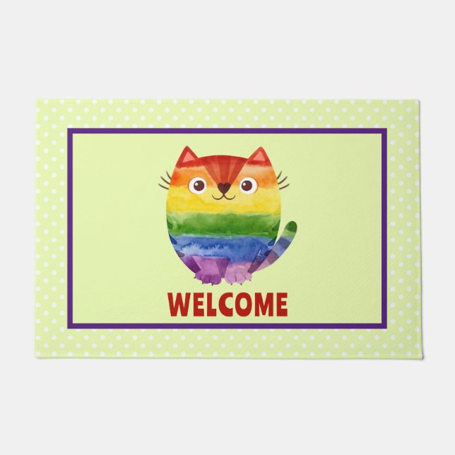Cute Pride Kitty Watercolor Custom Doormat (Front)