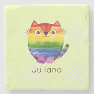Cute Pride Kitty Watercolor Stone Coaster