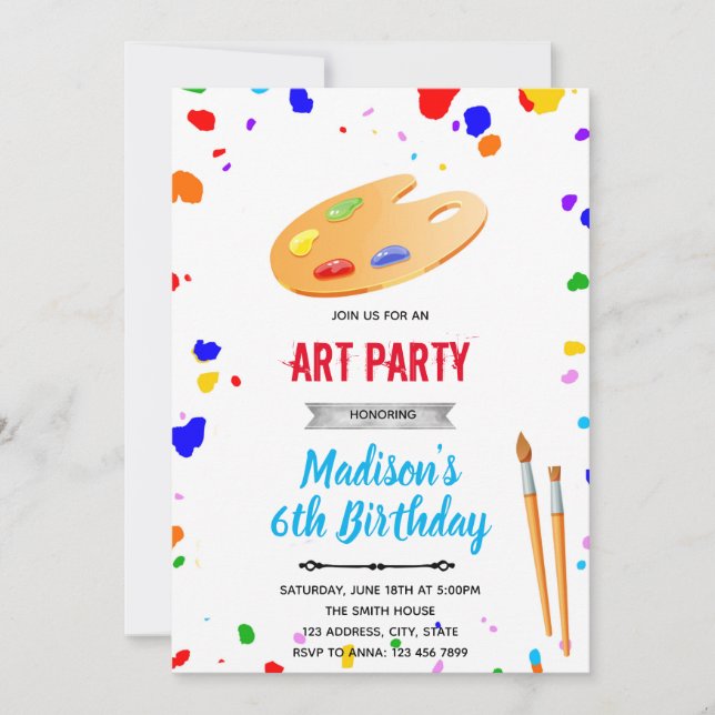 Cute primary color art birthday invitation (Front)