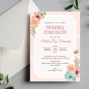 Cute Primera Comunion Pink Flowers First Communion Invitation