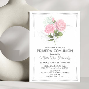 Cute Primera Comunion Pink Roses First Communion Invitation