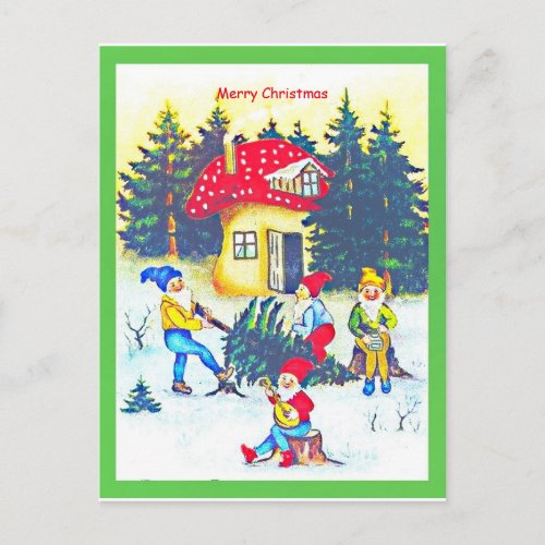 Cute Primitive Tomte Gnomes or Elves Cutting Tree Postcard