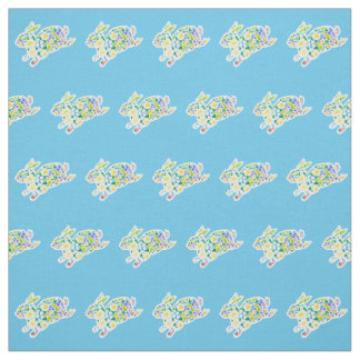 Cute Primroses Floral Bunnies Pattern on Blue Fabric