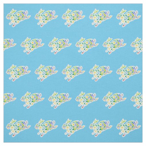 Cute Primroses Floral Bunnies Pattern on Blue Fabric