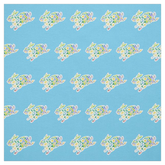 Cute Primroses Floral Bunnies Pattern on Blue Fabric (Swatch)