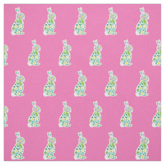 Cute Primroses Floral Bunnies Pattern on Pink Fabric