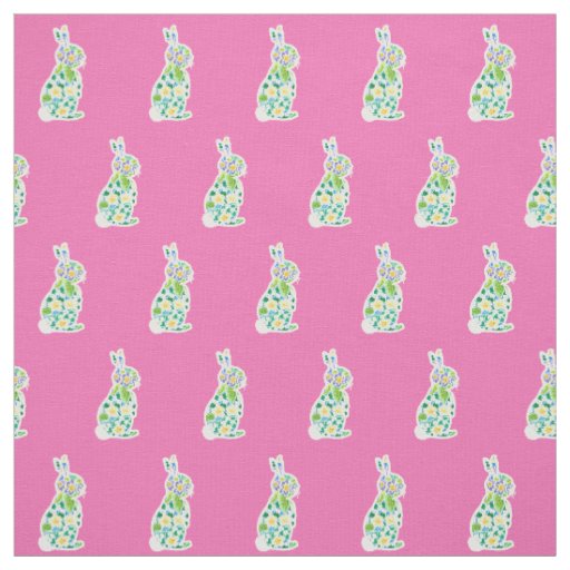 Cute Primroses Floral Bunnies Pattern on Pink Fabric