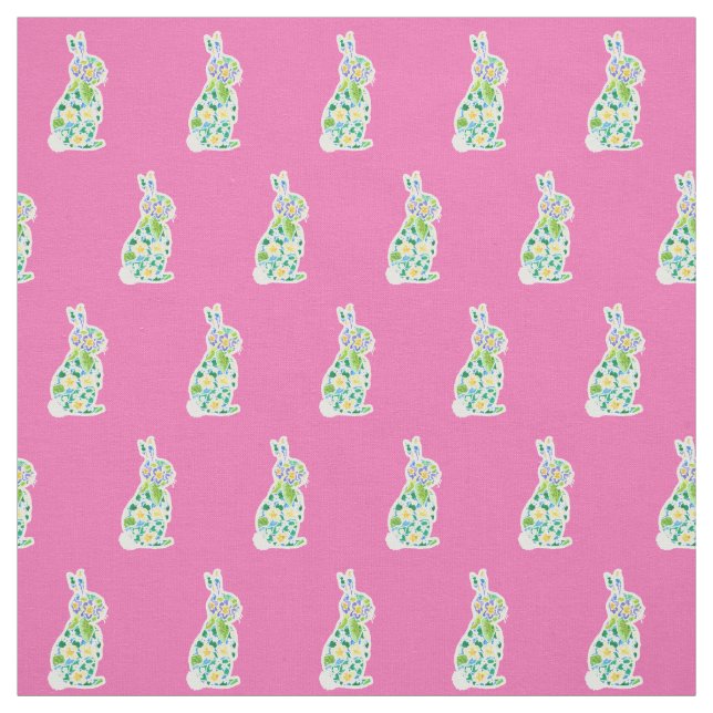 Cute Primroses Floral Bunnies Pattern on Pink Fabric (Swatch)