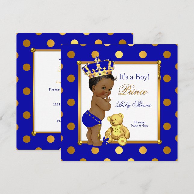 Cute Prince Baby Shower Boy Royal Blue Gold Ethnic Invitation (Front/Back)